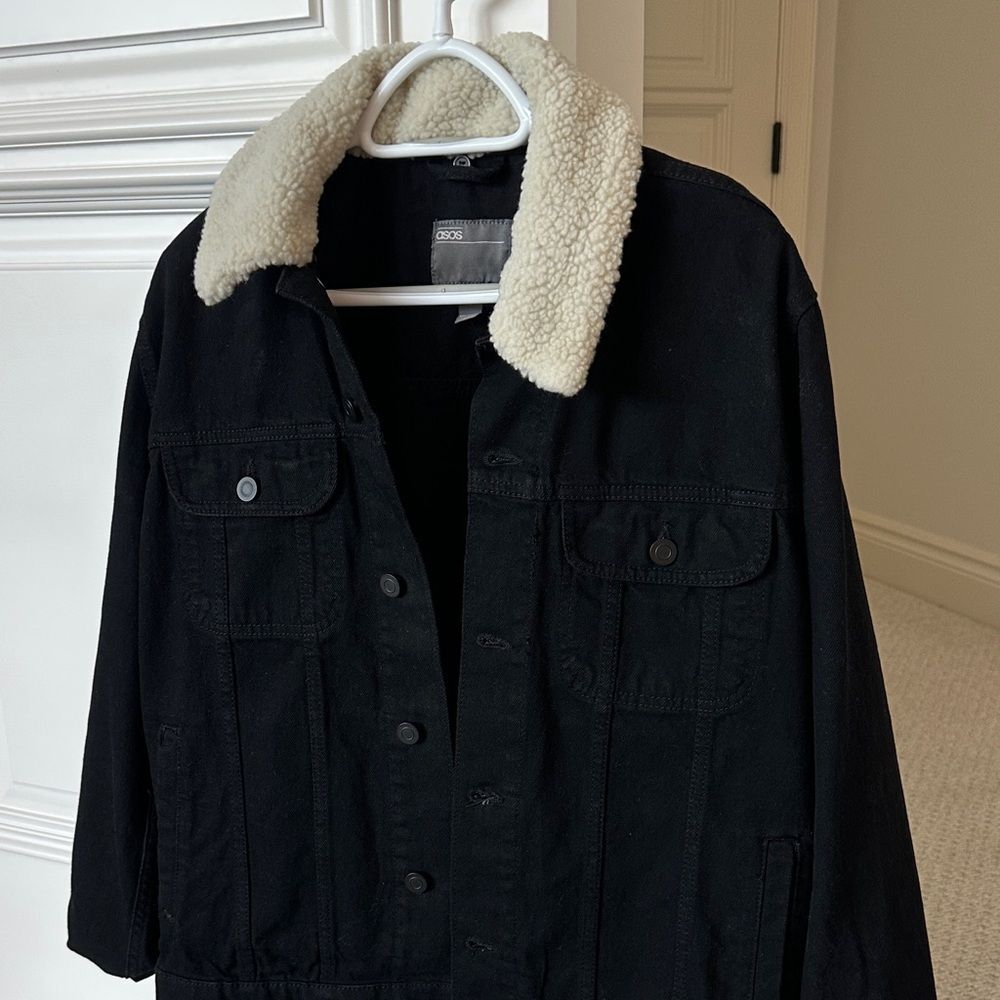 Men’s ASOS Black Denim Jacket with Cream White Sherpa Collar - Vintage Small S